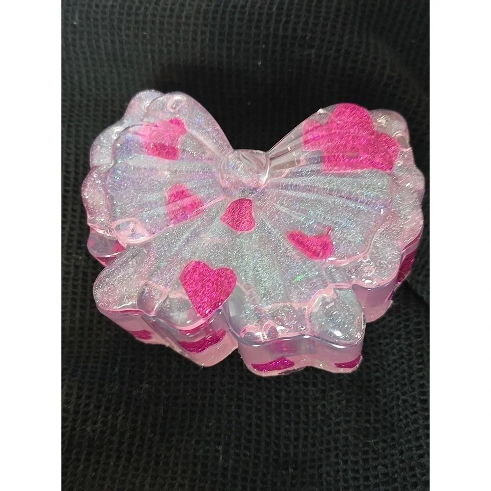 Handmade Resin Bow‎ Shaped Trinket Box With Lid Pink With Hearts. 770